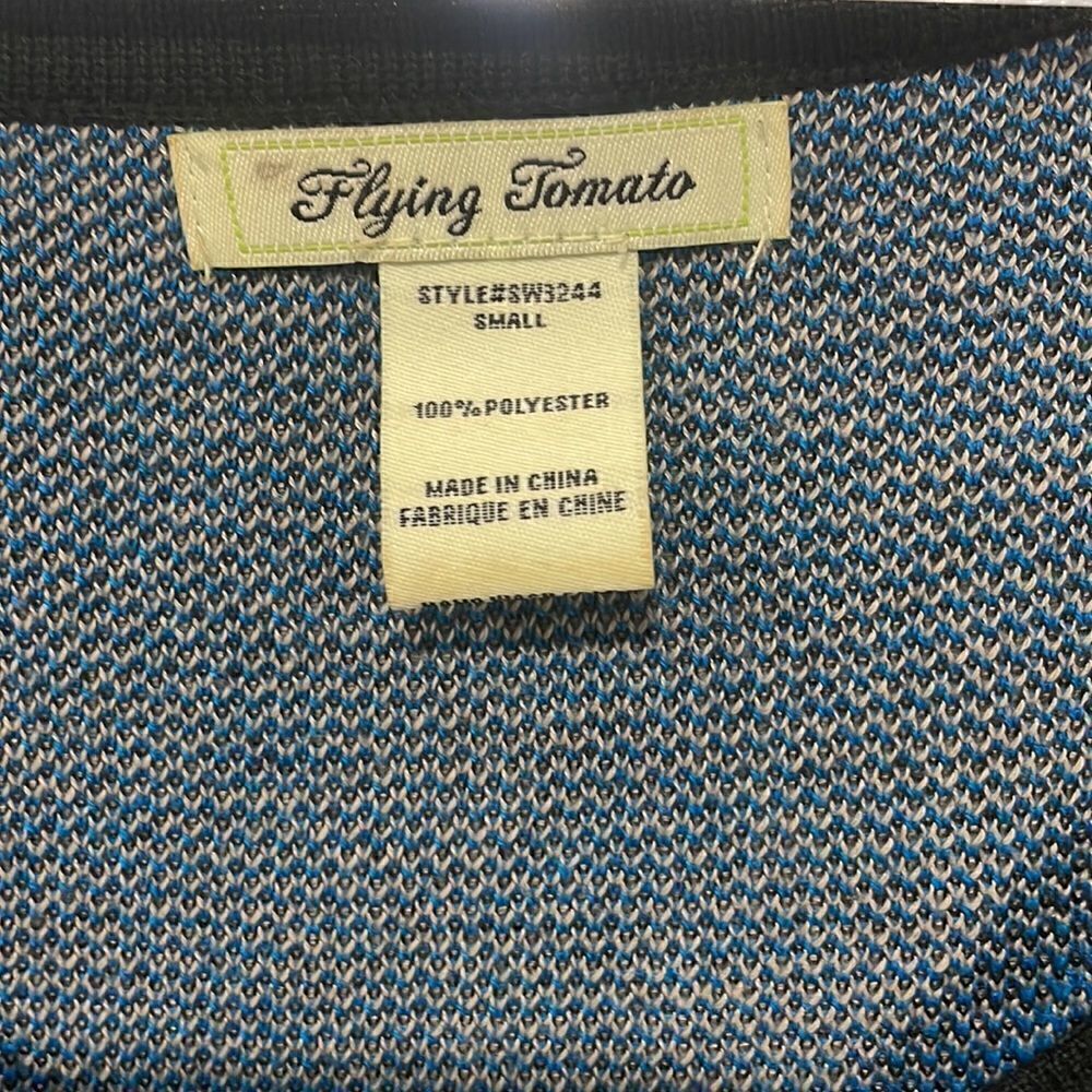 FLYING TOMATO Blue black print knit bodycon holiday party sweater dress S - Picture 3 of 7
